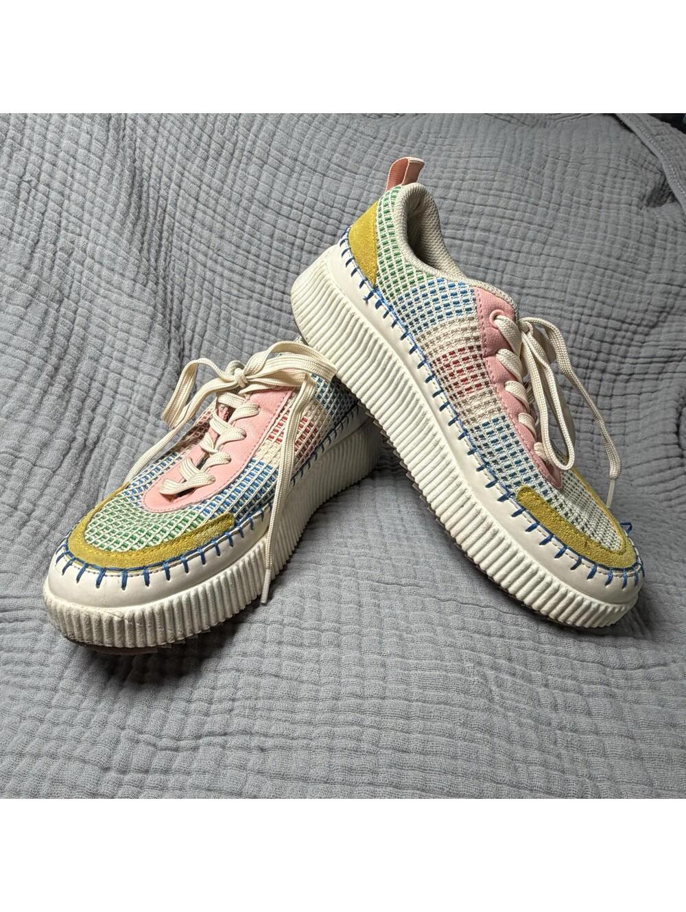LUCKY STEP Women's Platform Sneakers Pink/Yellow Multi Knit Walking Shoes Sz 9 - Picture 6 of 9